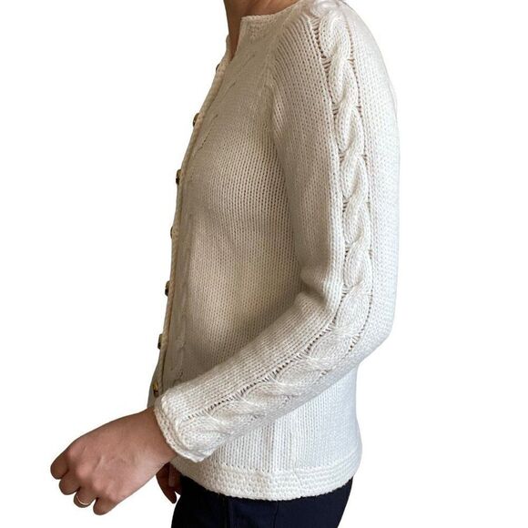 Vintage 80s Womens Hand Knit White Acrylic Chunky Cable Preppy Cardigan Sz M - Picture 3 of 5